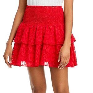 Milly Women's Red Skirt Wyatt Leopard Dot Mini Smocked Ruffle Flare Size 2 NWT